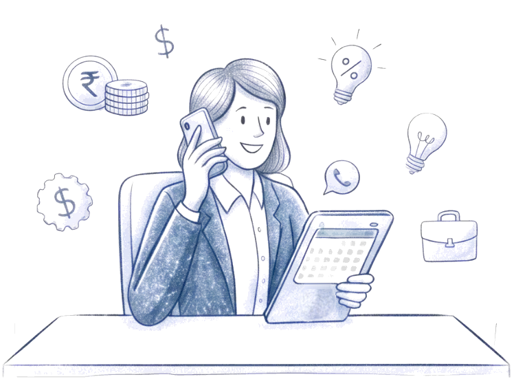 An advisor on a call at her desk, with a tablet, rupee coins, an idea bulb and a briefcase around her